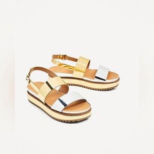 Zara Silver Gold Metallic Platform Sandals - Size 37 - NWT